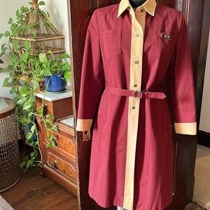 Vintage trench coat by Etiene Aigner, burgundy with camel trim and belt Sz S/M